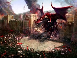 Preview wallpaper dragons, city, wall, destruction, soldiers, defense
