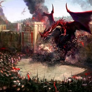 Preview wallpaper dragons, city, wall, destruction, soldiers, defense