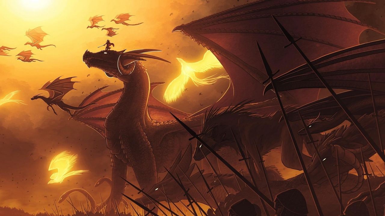 Wallpaper dragons, flying, people, spears