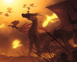 Preview wallpaper dragons, flying, people, spears