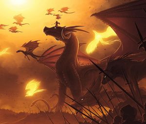 Preview wallpaper dragons, flying, people, spears