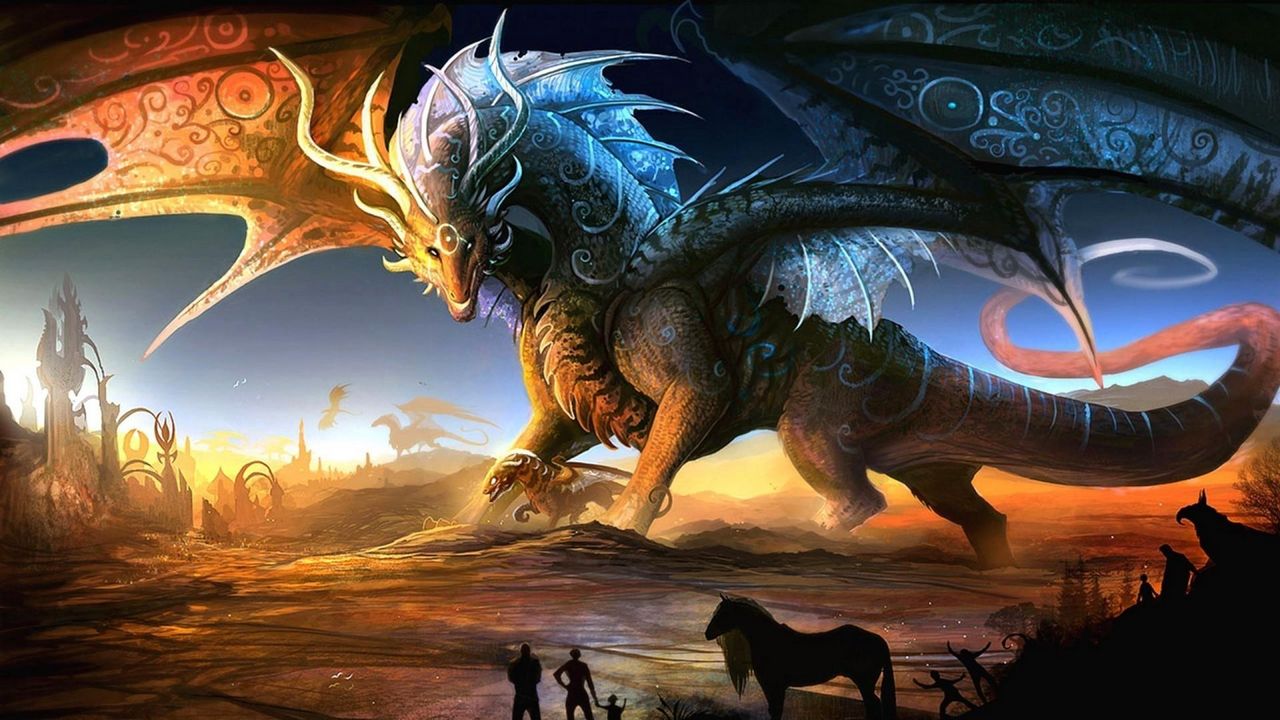 Wallpaper dragons, mother, cub, people, animals, sunset