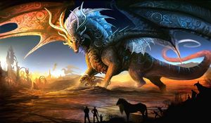 Preview wallpaper dragons, mother, cub, people, animals, sunset