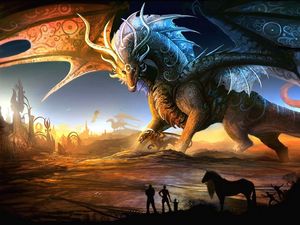 Preview wallpaper dragons, mother, cub, people, animals, sunset