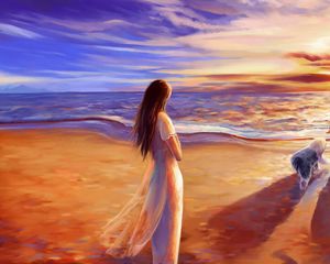 Preview wallpaper drawing, canvas, couple, paint, dog, beach