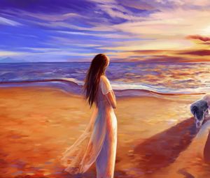 Preview wallpaper drawing, canvas, couple, paint, dog, beach
