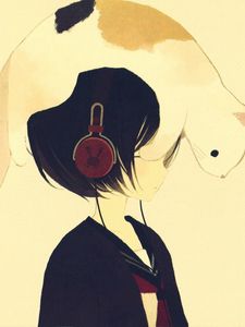 Preview wallpaper drawing, cat, headphones, tenderness