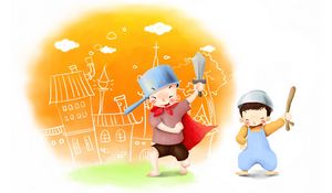 Preview wallpaper drawing, childhood, boys, kids, games, pranks, toys, sword, pot, joy