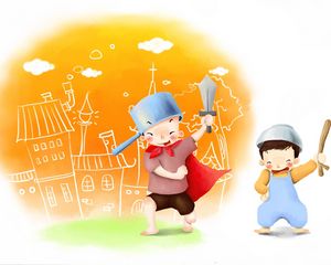 Preview wallpaper drawing, childhood, boys, kids, games, pranks, toys, sword, pot, joy