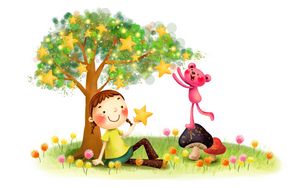 Preview wallpaper drawing, childhood, fantasy, girl, animal, fungi, dandelion, tree, star, smile, pigtails, lawn, grass