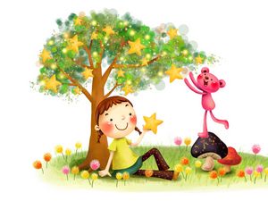 Preview wallpaper drawing, childhood, fantasy, girl, animal, fungi, dandelion, tree, star, smile, pigtails, lawn, grass