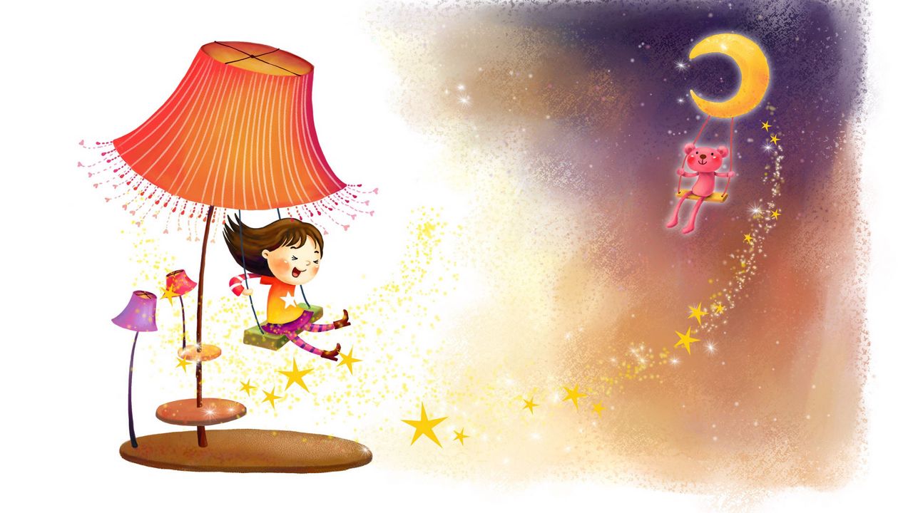 Wallpaper drawing, childhood, fantasy, girl, lamp, swing, animal, stars, laughing, wind