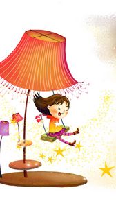 Preview wallpaper drawing, childhood, fantasy, girl, lamp, swing, animal, stars, laughing, wind