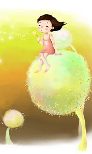 Preview wallpaper drawing, childhood, girl, dreams, dandelions, down, wind, laughter, joy, positive