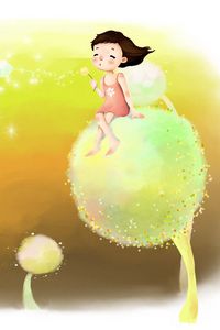 Preview wallpaper drawing, childhood, girl, dreams, dandelions, down, wind, laughter, joy, positive