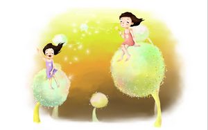 Preview wallpaper drawing, childhood, girl, dreams, dandelions, down, wind, laughter, joy, positive