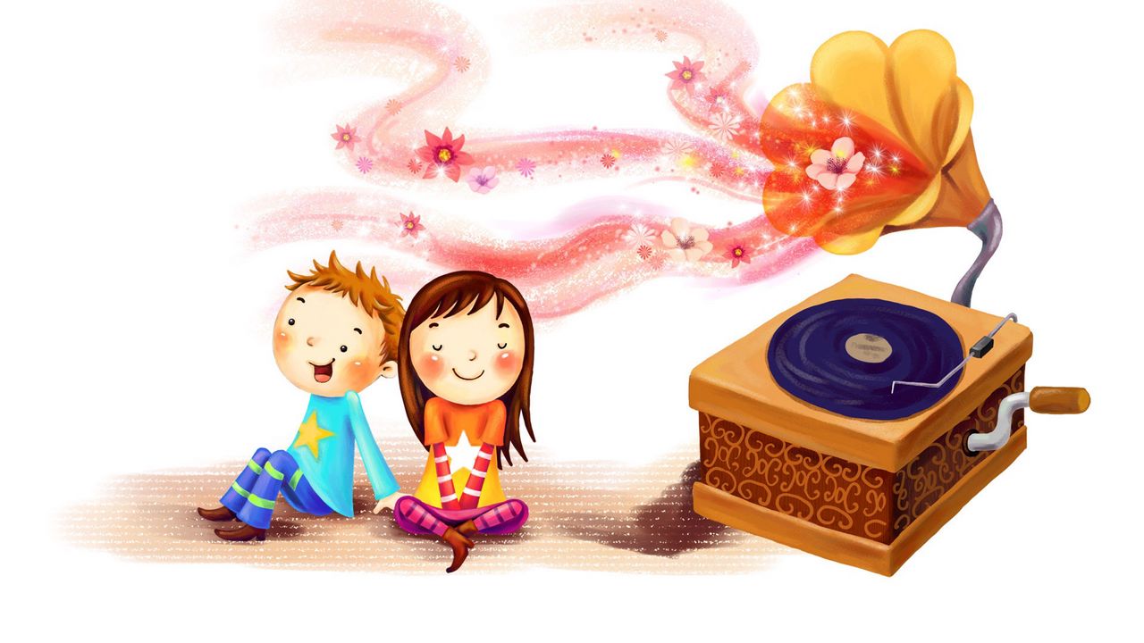 Wallpaper drawing, children, girl, boy, happiness, together, swirl, glow, gramophone, record