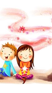 Preview wallpaper drawing, children, girl, boy, happiness, together, swirl, glow, gramophone, record