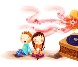 Preview wallpaper drawing, children, girl, boy, happiness, together, swirl, glow, gramophone, record