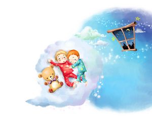 Preview wallpaper drawing, clouds, kids, sleep, childhood, pajamas, window, month, stars, teddy bear
