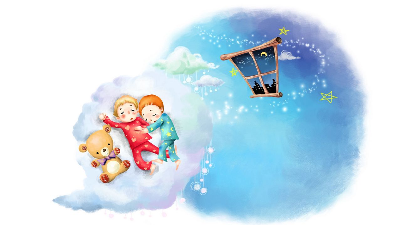 Wallpaper drawing, clouds, kids, sleep, childhood, pajamas, window, month, stars, teddy bear