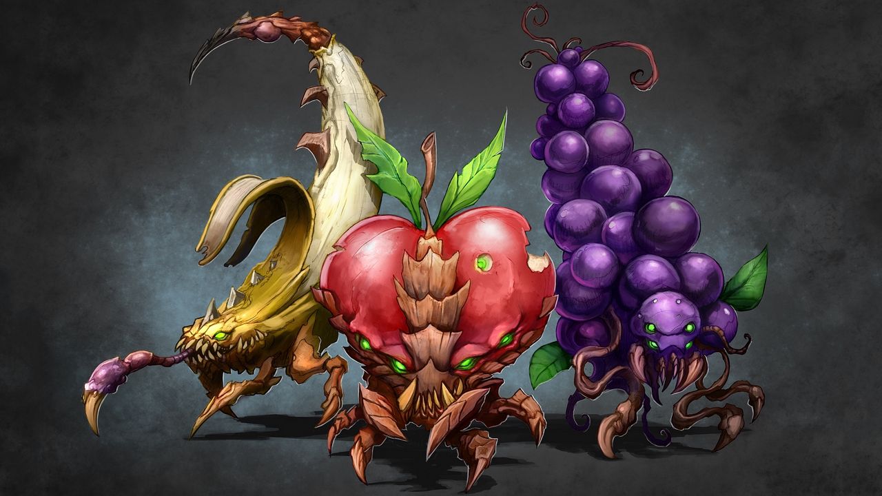 Wallpaper drawing, fruits, grapes, apple, banana