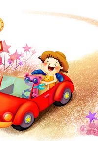 Preview wallpaper drawing, girl, animal, fantasy, childhood, laughter, road, car, star, sign, hat