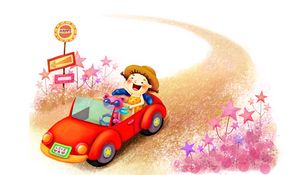 Preview wallpaper drawing, girl, animal, fantasy, childhood, laughter, road, car, star, sign, hat