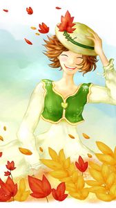 Preview wallpaper drawing, girl, autumn, trees, leaves, rain, house