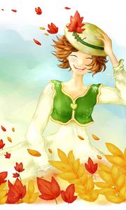 Preview wallpaper drawing, girl, autumn, trees, leaves, rain, house