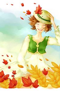 Preview wallpaper drawing, girl, autumn, trees, leaves, rain, house