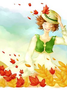 Preview wallpaper drawing, girl, autumn, trees, leaves, rain, house