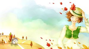 Preview wallpaper drawing, girl, autumn, trees, leaves, rain, house
