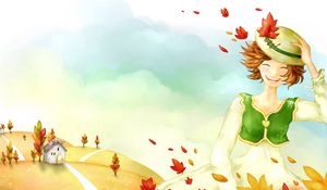 Preview wallpaper drawing, girl, autumn, trees, leaves, rain, house