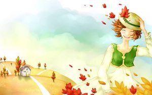 Preview wallpaper drawing, girl, autumn, trees, leaves, rain, house