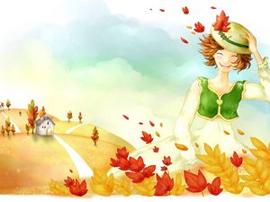 Preview wallpaper drawing, girl, autumn, trees, leaves, rain, house