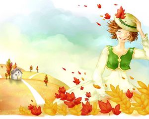 Preview wallpaper drawing, girl, autumn, trees, leaves, rain, house