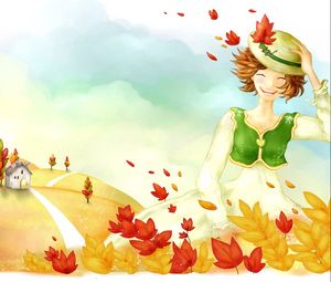 Preview wallpaper drawing, girl, autumn, trees, leaves, rain, house