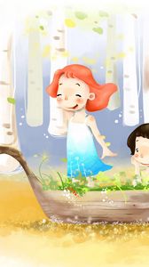 Preview wallpaper drawing, girl, boy, boat, flowers, birch, wind, dress, childhood, joy