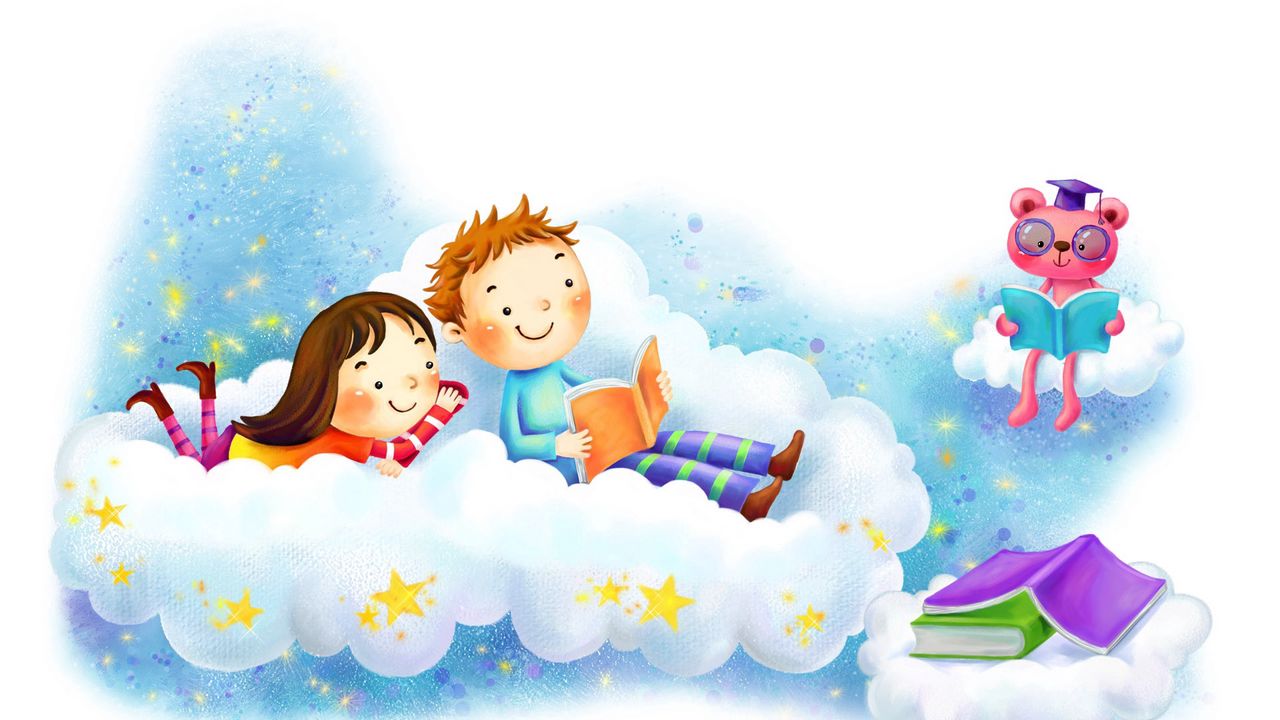 Wallpaper drawing, girl, boy, clouds, fantasy, books, stars, smiles