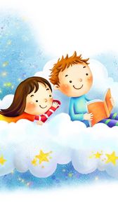 Preview wallpaper drawing, girl, boy, clouds, fantasy, books, stars, smiles