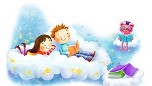 Preview wallpaper drawing, girl, boy, clouds, fantasy, books, stars, smiles