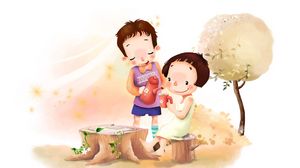 Preview wallpaper drawing, girl, boy, meadow, flowers, trees, leaves, wind, tea, childhood, positive