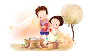 Preview wallpaper drawing, girl, boy, meadow, flowers, trees, leaves, wind, tea, childhood, positive