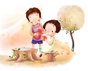 Preview wallpaper drawing, girl, boy, meadow, flowers, trees, leaves, wind, tea, childhood, positive