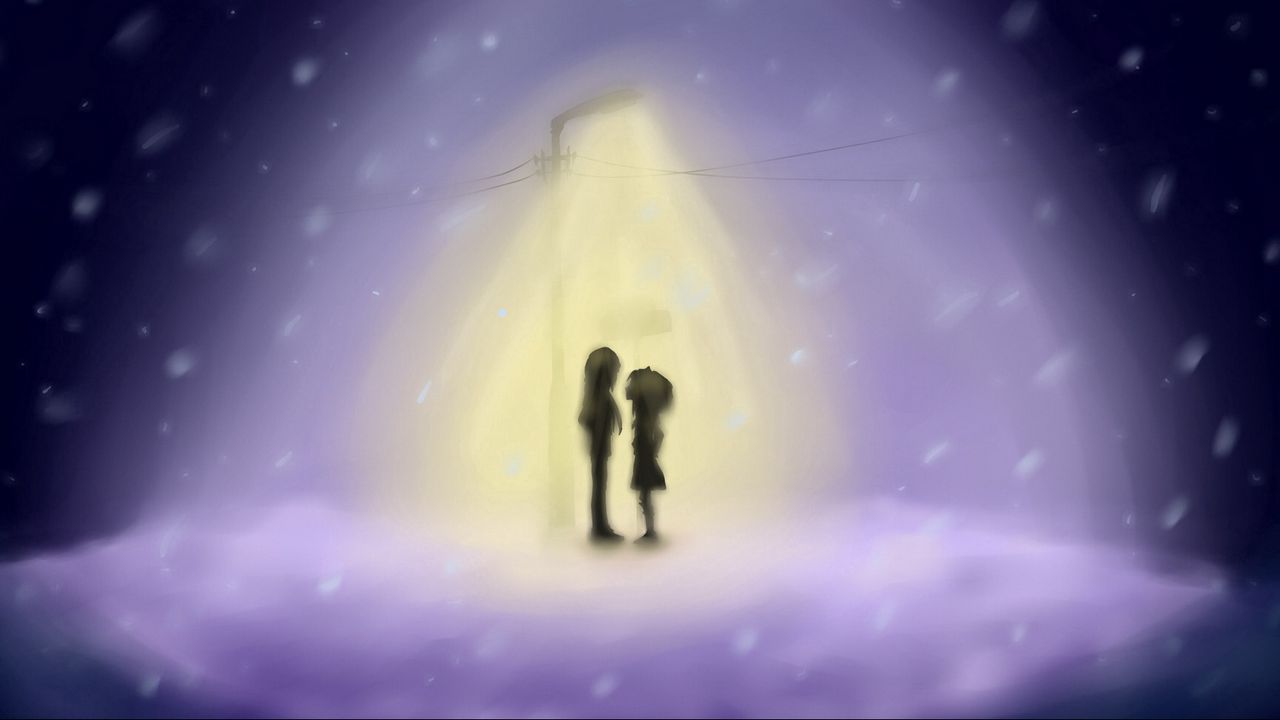 Wallpaper drawing, girl, boy, lantern, light, snow, flakes, winter