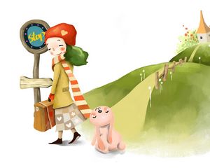 Preview wallpaper drawing, girl, departure, suitcase, bunny, hill, flowers, walkway, fence, smile, blush