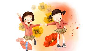 Preview wallpaper drawing, girl, joy, laughter, flowers, skirts