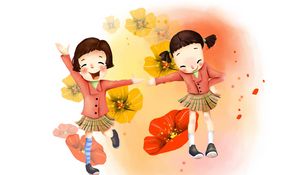 Preview wallpaper drawing, girl, joy, laughter, flowers, skirts