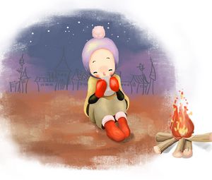 Preview wallpaper drawing, girl, winter, hat, mittens, tea, fire, warmth, comfort, houses, snow